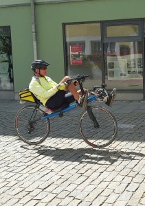 Jim riding on cobblestons