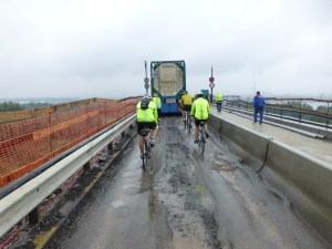 Liz, Tron, Fergel, Gillian, Debbie riding over the bridge.  Construction where we rode on the right.  Photo by Stephen